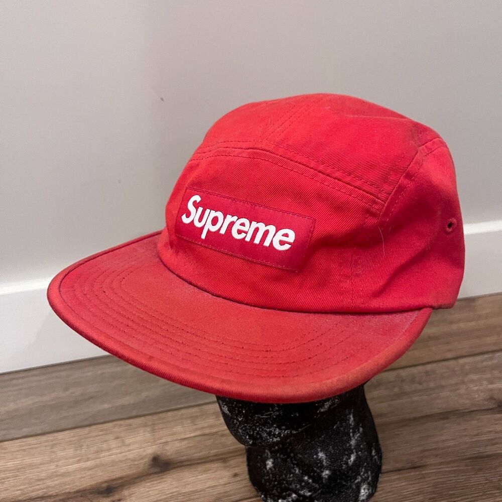 Supreme 5 Panel Camp Leather Strapback Cap Hat Solid Red Box Logo One Size